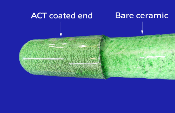 ACT plunger, showing coated end with no degradation vs the bare ceramic 